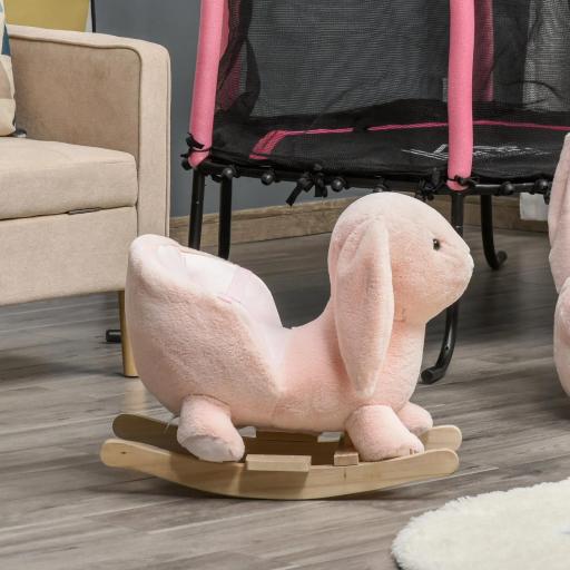 Caballito Balancín Infantil Forma de Conejo de Felpa para Bebés 18-36 Meses con Sonido Cinturón de Seguridad Manillar y Reposapiés 60x33x50cm Rosa