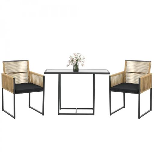 Set de Mesa de Cristal y 2 Sillas de Ratán Sintético con Respaldos Plegables Diseño Anidado con Cojines Natural y Negro [8]