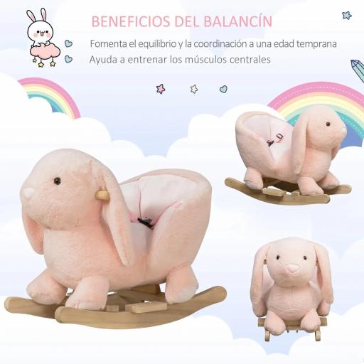 Caballito Balancín Infantil Forma de Conejo de Felpa para Bebés 18-36 Meses con Sonido Cinturón de Seguridad Manillar y Reposapiés 60x33x50cm Rosa [3]