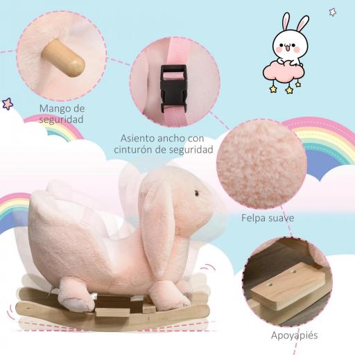 Caballito Balancín Infantil Forma de Conejo de Felpa para Bebés 18-36 Meses con Sonido Cinturón de Seguridad Manillar y Reposapiés 60x33x50cm Rosa [5]