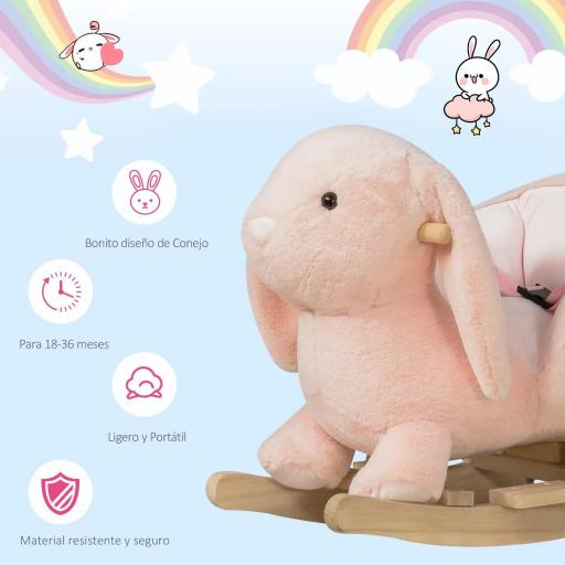 Caballito Balancín Infantil Forma de Conejo de Felpa para Bebés 18-36 Meses con Sonido Cinturón de Seguridad Manillar y Reposapiés 60x33x50cm Rosa [4]