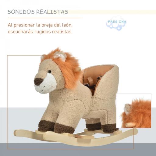 Caballito Balancín Infantil en Forma de León de Felpa para Bebés 18-36 Meses con Sonido Cinturón de Seguridad Manillar y Reposapiés 68x35x50 cm Marrón  [2]