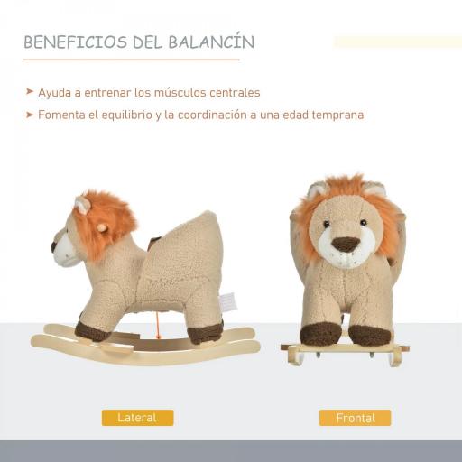 Caballito Balancín Infantil en Forma de León de Felpa para Bebés 18-36 Meses con Sonido Cinturón de Seguridad Manillar y Reposapiés 68x35x50 cm Marrón  [4]