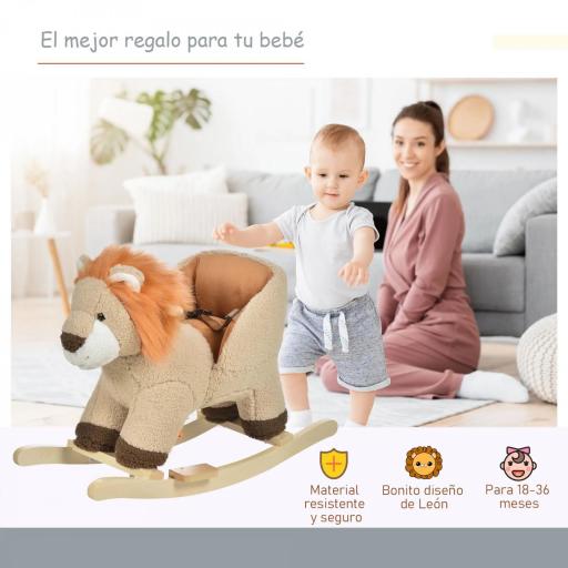 Caballito Balancín Infantil en Forma de León de Felpa para Bebés 18-36 Meses con Sonido Cinturón de Seguridad Manillar y Reposapiés 68x35x50 cm Marrón  [5]