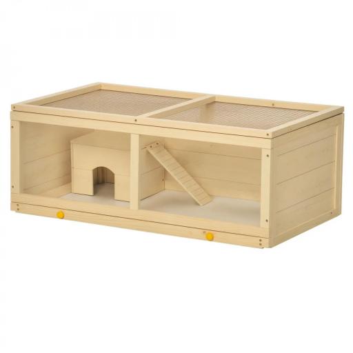 Jaula para Hámster de Madera con Techo Abatible Panel de Acrílico Bandeja Extraíble y Cabaña 100x58x38 cm Natural [9]