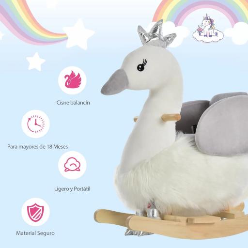 Balancín Infantil en Forma de Cisne de Felpa para Bebés 18-36 Meses con Sonido y Cinturón 60x33x59 cm Gris y Blanco [1]