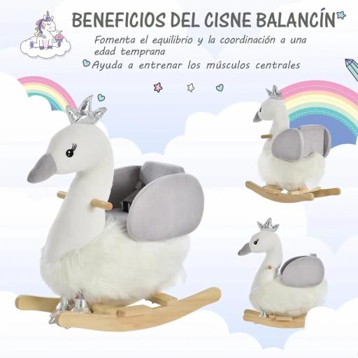 Balancín Infantil en Forma de Cisne de Felpa para Bebés 18-36 Meses con Sonido y Cinturón 60x33x59 cm Gris y Blanco [2]