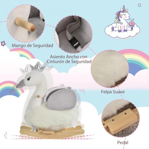 Balancín Infantil en Forma de Cisne de Felpa para Bebés 18-36 Meses con Sonido y Cinturón 60x33x59 cm Gris y Blanco [8]