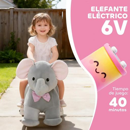 Elefante Eléctrico con Música Batería 6V Tacto Suave Ruedas Silenciosas de PU Marcha Adelante Gris [3]