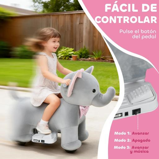 Elefante Eléctrico con Música Batería 6V Tacto Suave Ruedas Silenciosas de PU Marcha Adelante Gris [1]