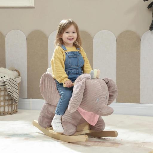 Caballito Balancín para Bebés con Sonido de Elefante y Cinturón de Seguridad de 3 Puntos Base de Madera Marrón