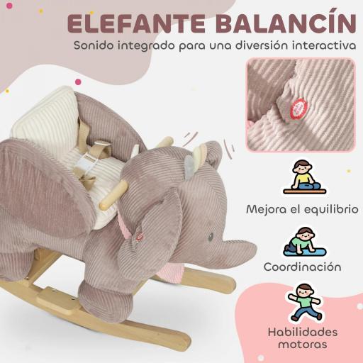 Caballito Balancín para Bebés con Sonido de Elefante y Cinturón de Seguridad de 3 Puntos Base de Madera Marrón [10]