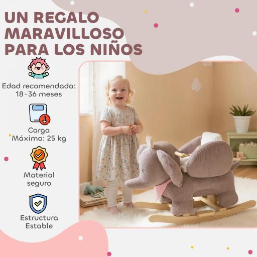 Caballito Balancín para Bebés con Sonido de Elefante y Cinturón de Seguridad de 3 Puntos Base de Madera Marrón [7]