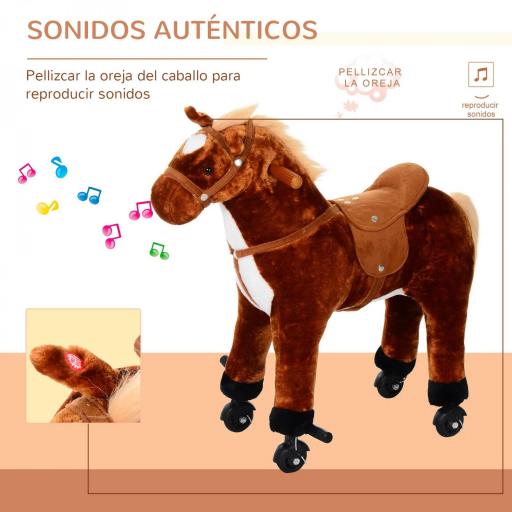 Caballo de Juguete para Niños de +2 Años con Ruedas Sonidos y Estructura de Metal Carga 60kg 65x28x75 cm Marrón  [7]