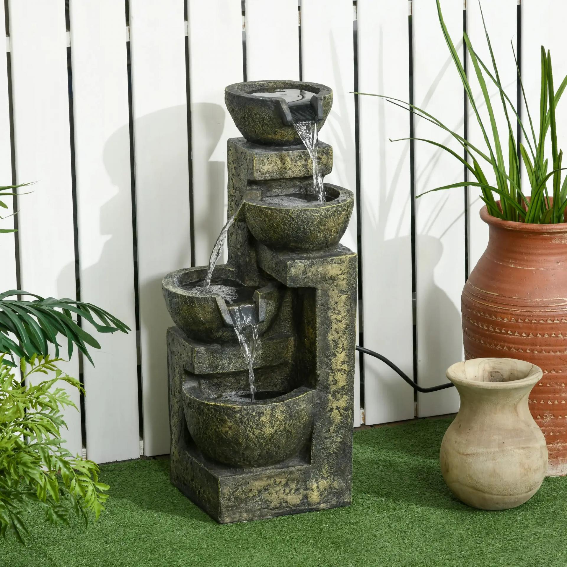 Fuente de Agua en Cascada de 4 Niveles 5W con Bomba de Agua y Salida de Agua Ajustable 25x24x60 cm Multicolor