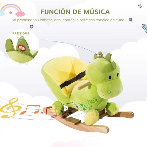 Balancín Infantil en Forma de Dinosaurio de Felpa para Bebés 18-36 Meses con Sonido Cinturón de Seguridad Manillar y Reposapiés 60x33x45 cm Verde [1]