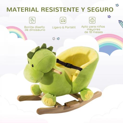 Balancín Infantil en Forma de Dinosaurio de Felpa para Bebés 18-36 Meses con Sonido Cinturón de Seguridad Manillar y Reposapiés 60x33x45 cm Verde [3]