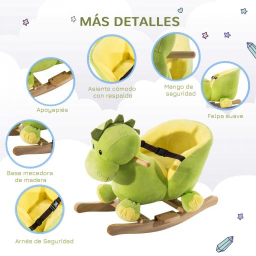 Balancín Infantil en Forma de Dinosaurio de Felpa para Bebés 18-36 Meses con Sonido Cinturón de Seguridad Manillar y Reposapiés 60x33x45 cm Verde [8]