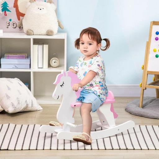 Caballito Balancín para Niños de 1-3 Años de Madera con Manillar y Pedales Carga 50 kg 68x27x46,5cm Blanco y Rosa 