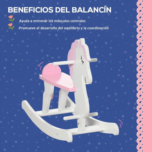 Caballito Balancín para Niños de 1-3 Años de Madera con Manillar y Pedales Carga 50 kg 68x27x46,5cm Blanco y Rosa  [2]