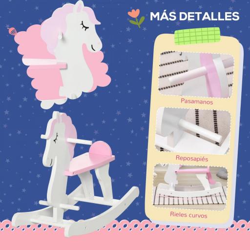 Caballito Balancín para Niños de 1-3 Años de Madera con Manillar y Pedales Carga 50 kg 68x27x46,5cm Blanco y Rosa  [3]