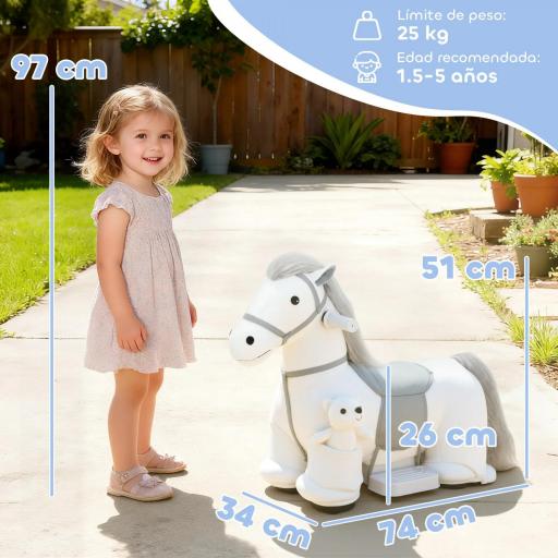 Caballito Eléctrico con Música Batería 6V Tacto Suave Ruedas Silenciosas de PU Marcha Adelante Blanco [9]