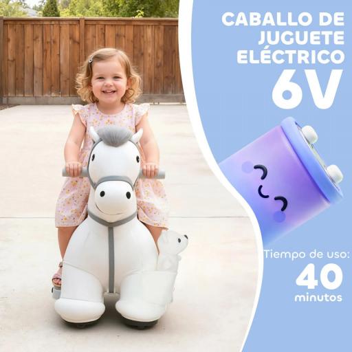 Caballito Eléctrico con Música Batería 6V Tacto Suave Ruedas Silenciosas de PU Marcha Adelante Blanco [1]
