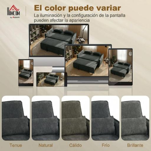 Sofá Cama 2 Plazas 3 en 1 con Mesa Auxiliar Portavasos Respaldo Ajustable Bolsillos Laterales 2 Almohadas Gris Oscuro [4]