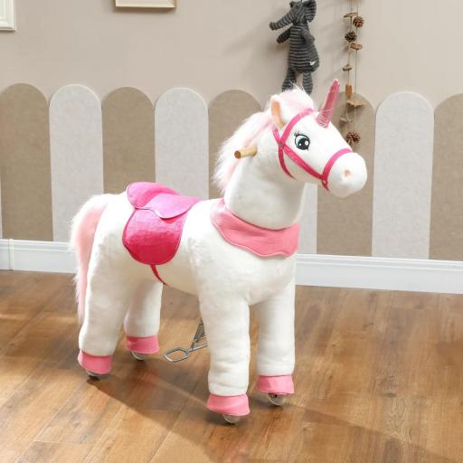 Caballo para niños, diseño unicornio, tapizado de tela, armazón estable, ruedas suaves, caballo balancín, 3-5 años, Blanco  [6]