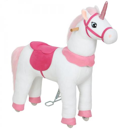 Caballo para niños, diseño unicornio, tapizado de tela, armazón estable, ruedas suaves, caballo balancín, 3-5 años, Blanco  [5]