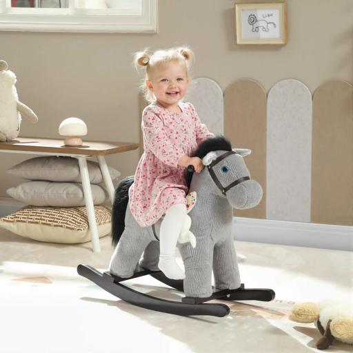Caballo balancín para niños, juguete balancín para bebé de peluche con efecto sonoro y muñeca, 71 x 26 x 55 cm, gris