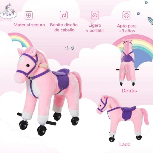 Caballito Infantil +2 Años Caballo con Ruedas Sonidos de Relincho Palos Pedales 55x23x60 cm Rosa [2]