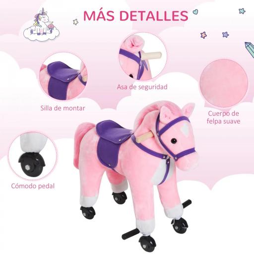 Caballito Infantil +2 Años Caballo con Ruedas Sonidos de Relincho Palos Pedales 55x23x60 cm Rosa [4]