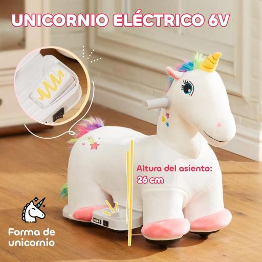 Unicornio Eléctrico para Niños de 18 a 36 Meses con Batería 6V y Música Carga 25 kg 69x34x53 cm Blanco [4]
