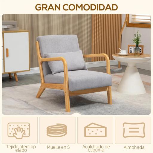 Butaca Nórdica Sillón de Salón Acolchado con Reposabrazos Cojín y Marco de Madera de Caucho 61x78x76 cm Gris [2]