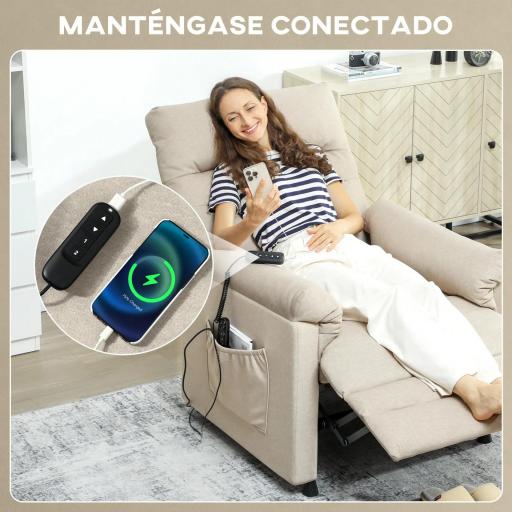 Sillón Relax Reclinable Eléctrico con Calor Lumbar Masaje Vibración Motor Silencioso Función de Memoria Beige [3]