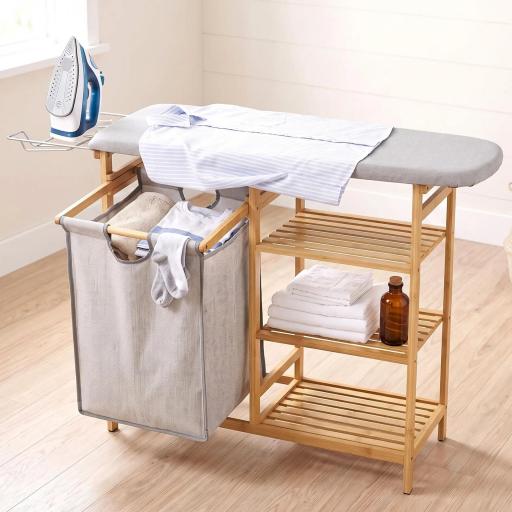 Cesto de Ropa Sucia 57,4L con Tabla de Planchar Soporte para Plancha 3 Estantes y Bolsa Extraíble 113x34x82 cm Natural
