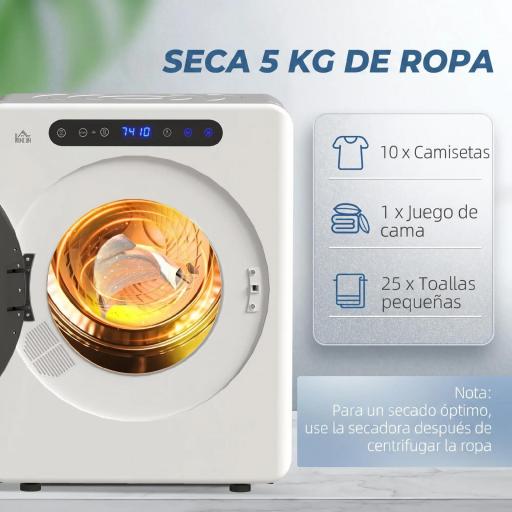Secadora de Evacuación 5 KG 1000W Función Antiarrugas Función Esterilizar Temporizador Pantalla LED Táctil Blanco [3]