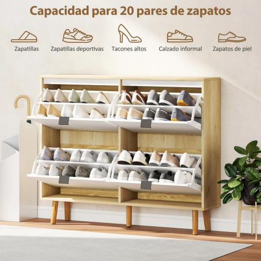Zapatero Estrecho con 4 Puertas en Blanco Brillo Estantes Ajustables Patas de Madera para 20 Pares de Zapatos [2]