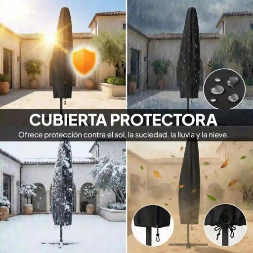 Parasol Excéntrico con Luces LED Solares 330x295 cm Sombrilla Jardín con Base Cruzada Manivela Funda Protectora Caqui [3]