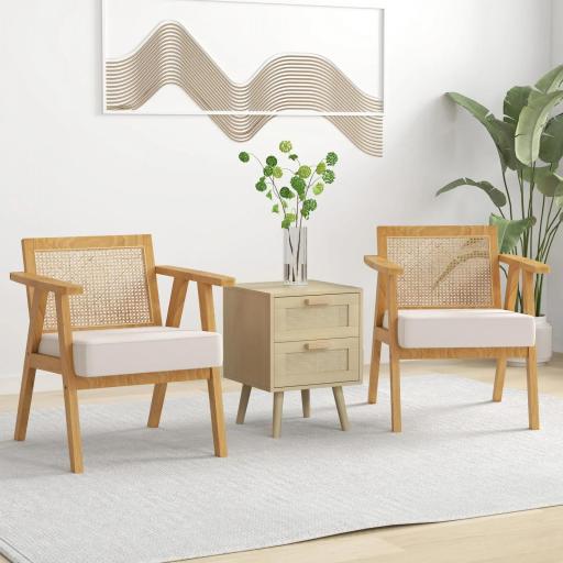 Sillón de Salón con Reposabrazos Respaldo de Ratán y Marco de Madera de Caucho Carga 120 kg Natural y Beige