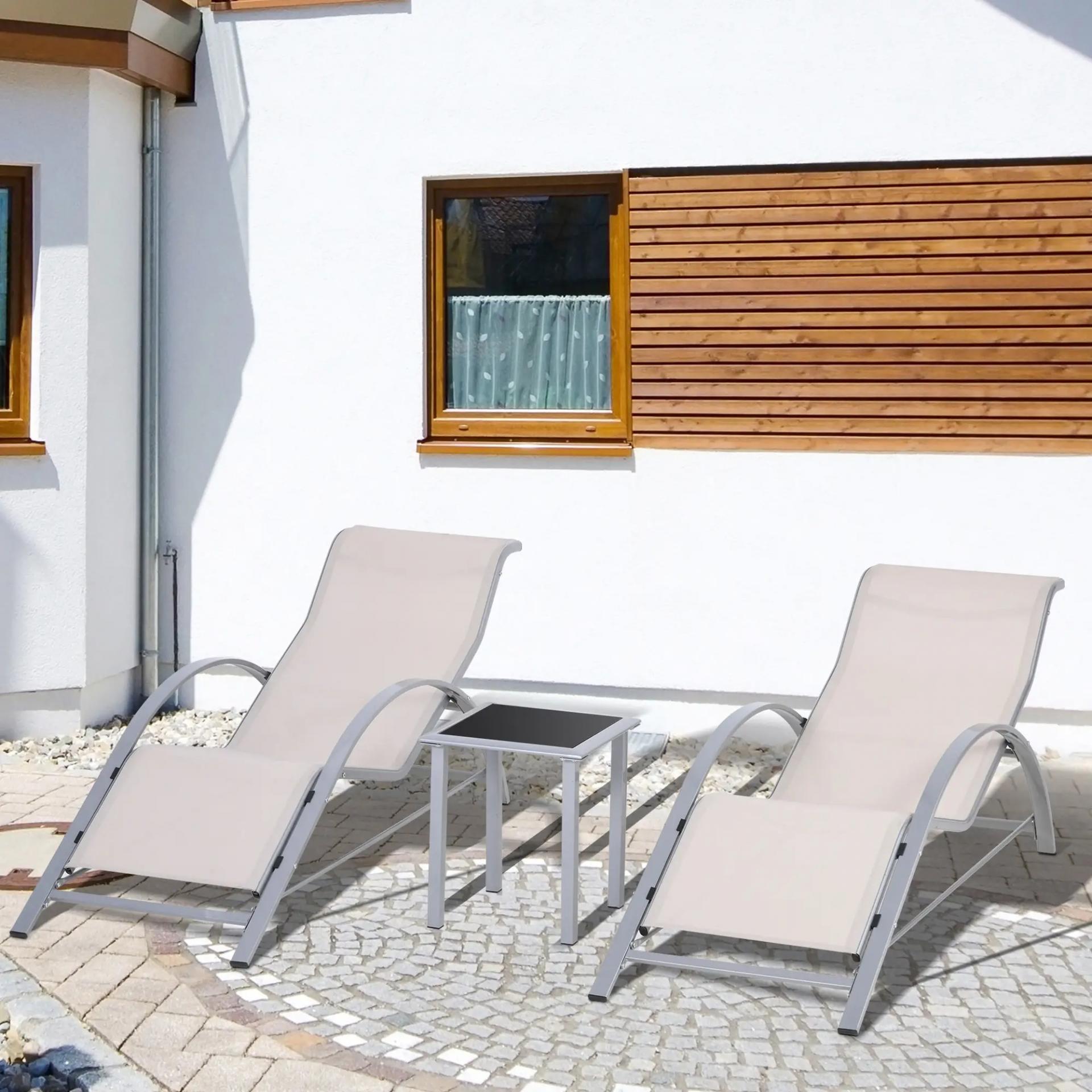 Set de 2 Tumbonas Jardín Exterior con Mesa Auxiliar de Vidrio Templado Tumbonas con Respaldo Reposabrazos para Patio Piscina Terraza Exterior Beige