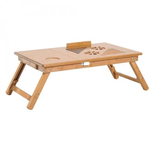 Mesa Plegable de Bambú, Mesa de Ordenador Portátil, para Cama y Sofá, Altura Ajustable, Cajón, Patas Plegables, para Leer, Escribir, Comer, Trabajar, Natural [2]
