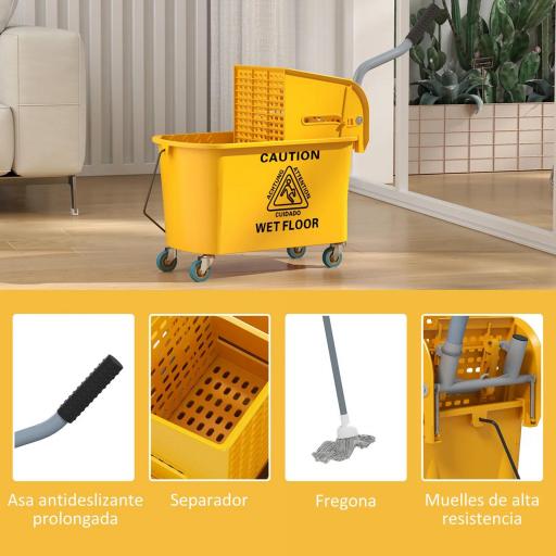 Cubo de Fregar con Escurridor Panel Separador y Ruedas Capacidad 20L para Limpieza Doméstica 45x26,5x70 cm Amarillo [6]