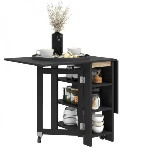 Mesa de Cocina Plegable con Alas Abatibles 2 Ruedas y Estantes Estilo Moderno 120x60x75 cm Negro [9]