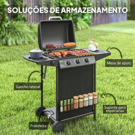 Barbacoa de Gas con 3 Quemadores Quemador Lateral Tapa con Termómetro Parrilla y Mesa Lateral Ruedas 108x54x97 cm Negro [1]
