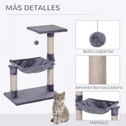 Árbol Rascador para Gatos Torre para Gatos 50x36x70 cm Centro de Actividad con Hamaca Plataforma Postes de Sisal Gris [2]