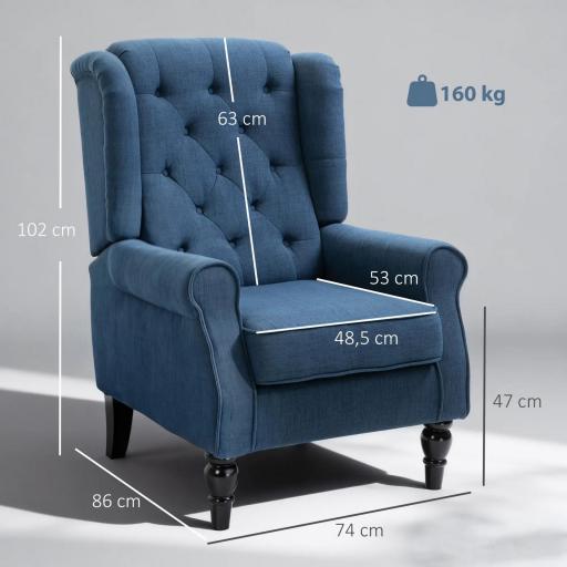 Sillón de Salón con Reposabrazos y Patas de Madera Butaca Carga 160 kg para Dormitorio Oficina Sala de Estar 74x86x102 cm Azul [1]