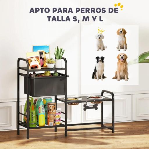 Comedero Perro Elevado con Cajón de Tela 2 Cuencos de Acero Inoxidable 2x800 ml Altura Ajustable 2 Estantes Negro [1]