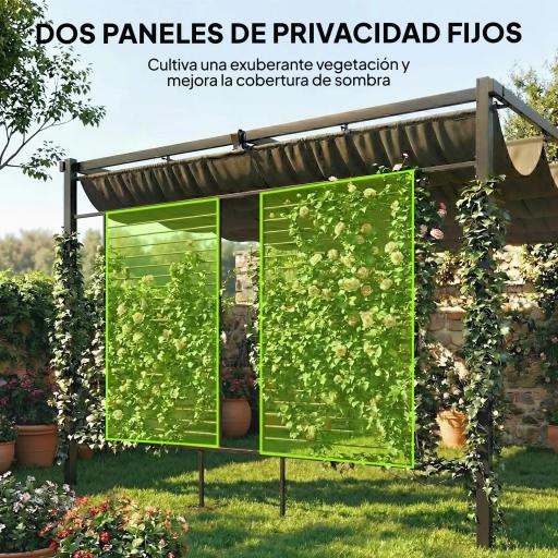 Pérgola de Jardín 4x3 m con Techo Retráctil 2 Paneles de Privacidad UPF50+ Cenador de Jardín para Patio Exterior Gris [2]